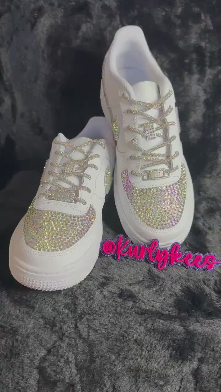 Custom Nike Air Force Ones/ Nike Swoosh and Toe Box, Blinged with hand placed Glass or Resin Stones