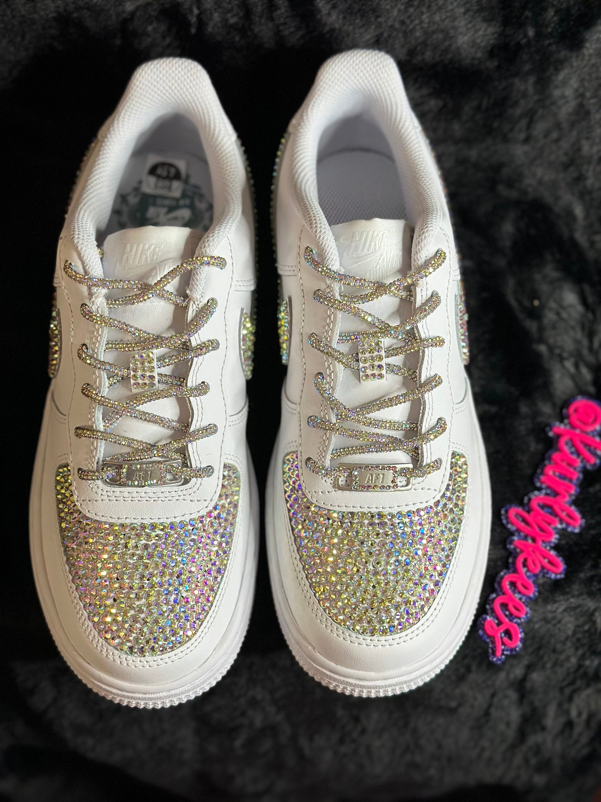 Custom Nike Air Force Ones/ Nike Swoosh and Toe Box, Blinged with hand placed Glass or Resin Stones